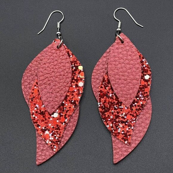 Red Faux Leather with Sequin Layered Leaf 316L Stainless Steel Hook Earrings - Picture 2 of 10